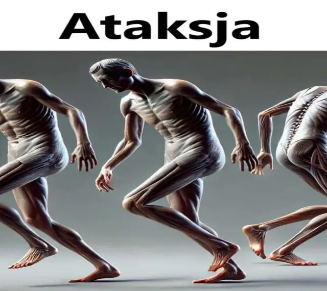 Trzy sylwetki ukazujące anatomię mięśni, z widocznym kręgosłupem. Obraz symbolizuje ataksję i jej wpływ na ruch.