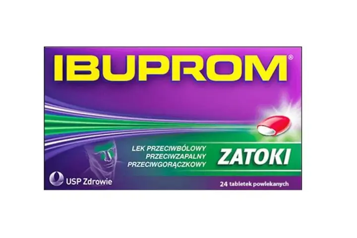 Opakowanie leku Ibuprom Zatoki, zawierającego axoprofen, z wizerunkiem głowy i tabletki.