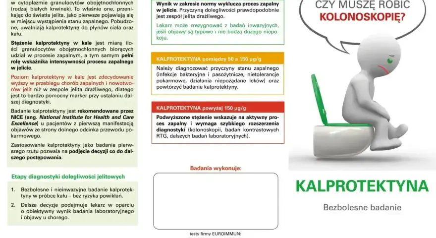 Badanie kalprotektyny w kale - bezbolesny wskaźnik zapalenia jelit. Wyniki pomagają w diagnostyce i decyzji o kolonoskopii.