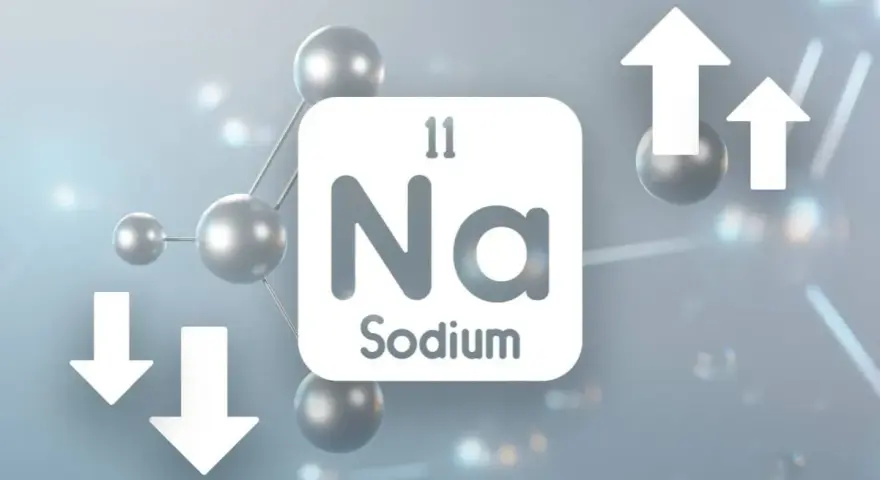 Symbol Na z atomami i strzałkami w górę i w dół, ilustrujący zmiany poziomu sodu, mogące prowadzić do hiponatremii.
