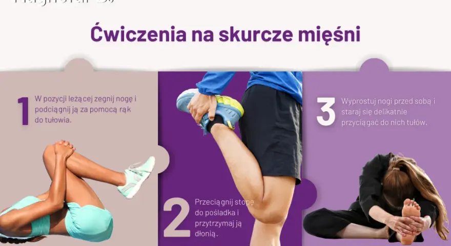 Ćwiczenia na skurcze nóg: leżąc podciągnij nogę do tułowia, przyciągnij stopę do pośladka, a następnie pochyl się do wyprostowanych nóg.