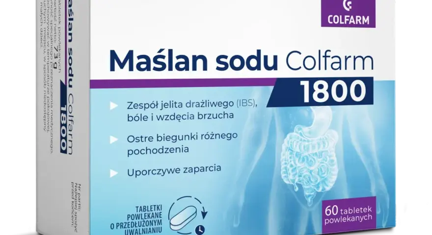 Maślan sodu Colfarm 1800 – wybór dla jelit. Pomaga przy IBS, biegunkach i zaparciach. Tabletki o przedłużonym uwalnianiu.
