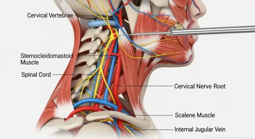 Anatomia szyi z widocznym mięśniem czworobocznym, nerwami i naczyniami. Igła zbliża się do korzenia nerwu szyjnego.