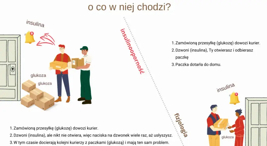 Ilustracja wyjaśnia hiperinsulinemię: kurierzy z glukozą czekają, a insulina (dzwonek) nie działa.