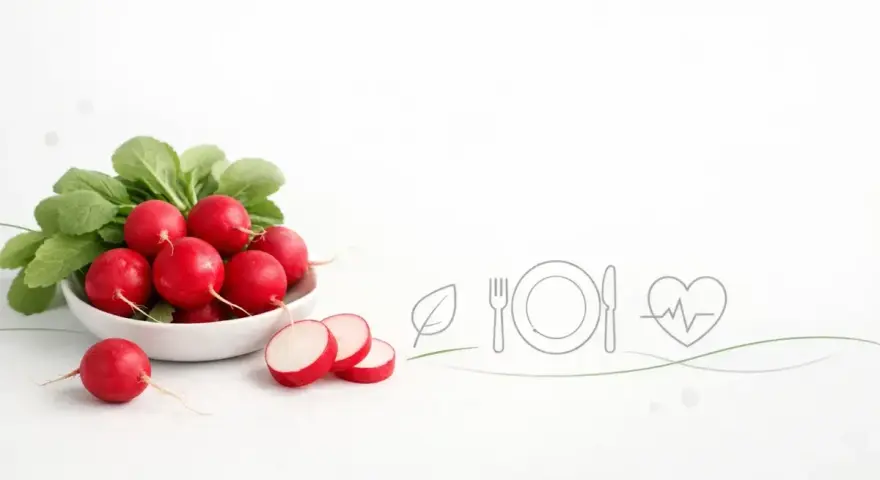 Świeże rzodkiewki w misce, symbolizujące zdrową dietę i niską rzodkiewka kcal. Obok ikony talerza, sztućców i serca.