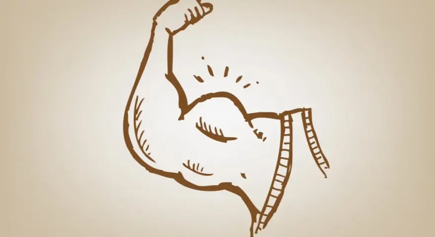 Silna ręka z napiętym bicepsem, symbolizująca energię i siłę, którą daje glikogen.