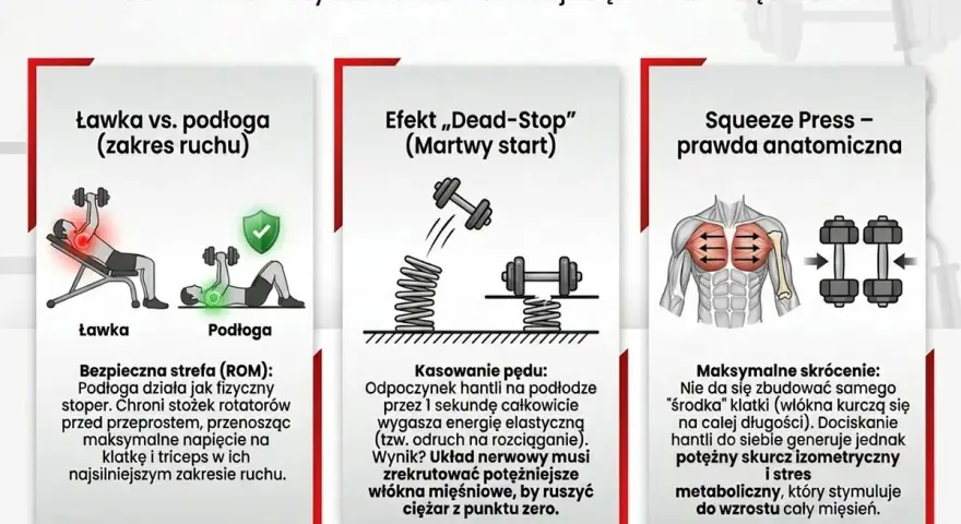 Grafika porównuje ćwiczenia na klatkę piersiową na ławce i na podłodze, pokazując biomechanikę i efekty.