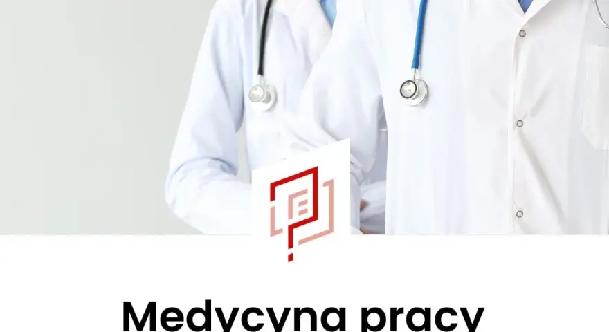 Dwóch lekarzy w białych fartuchach ze stetoskopami, z logo i napisem "Medycyna pracy".