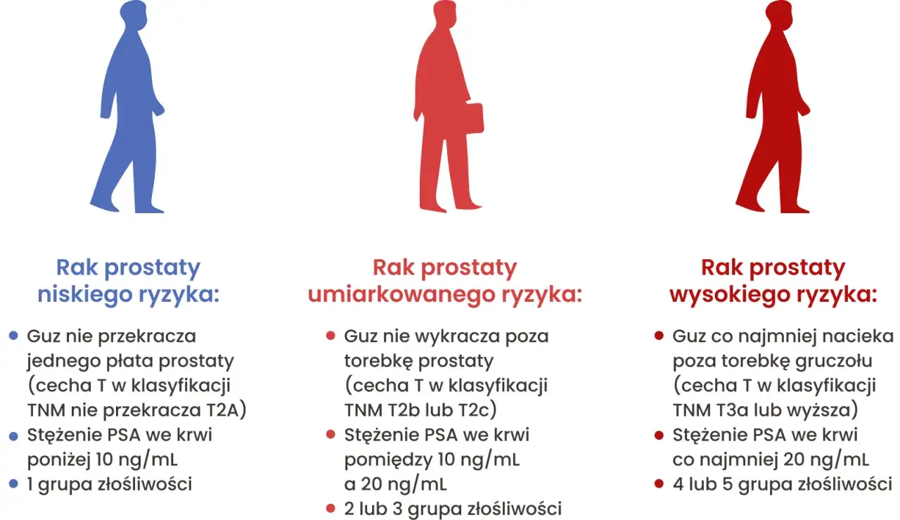 Trzy sylwetki mężczyzn ilustrujące ryzyko raka prostaty: niskie (niebieska), umiarkowane (czerwona) i wysokie (czerwona). Podano kryteria, w tym stężenie PSA.