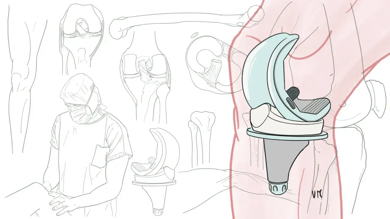 Ilustracja przedstawia schemat endoprotezy stawu kolanowego, anatomii kolana i chirurga. Pomoc w leczeniu gonartrozy.