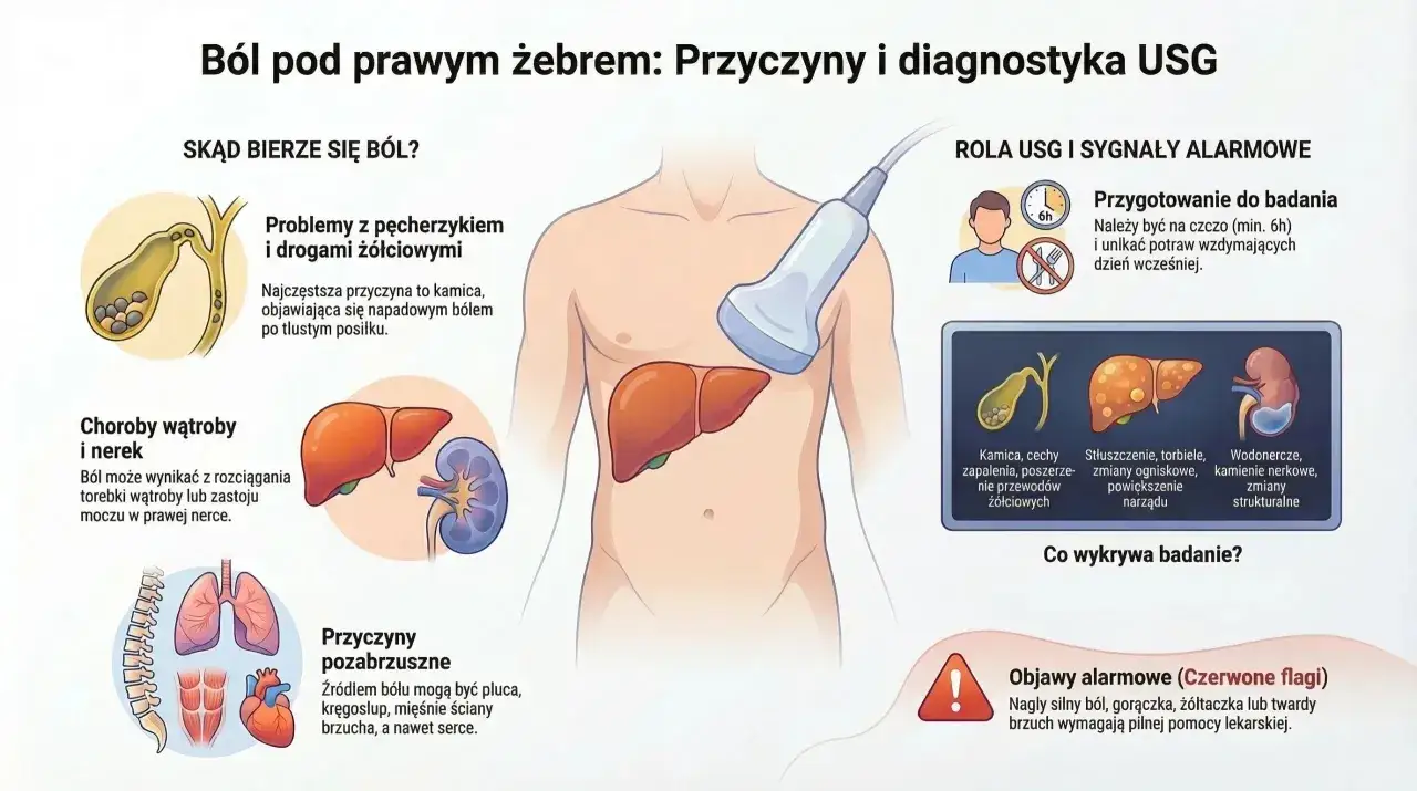 Ilustracja pokazuje, gdzie jest wątroba i inne narządy, wyjaśniając przyczyny bólu pod prawym żebrem.