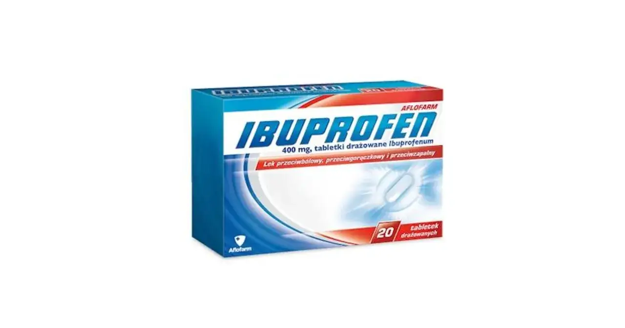 Opakowanie leku Ibuprofen 400 mg, 20 tabletek drażowanych. Skuteczny w walce z bólem, gorączką i stanami zapalnymi.