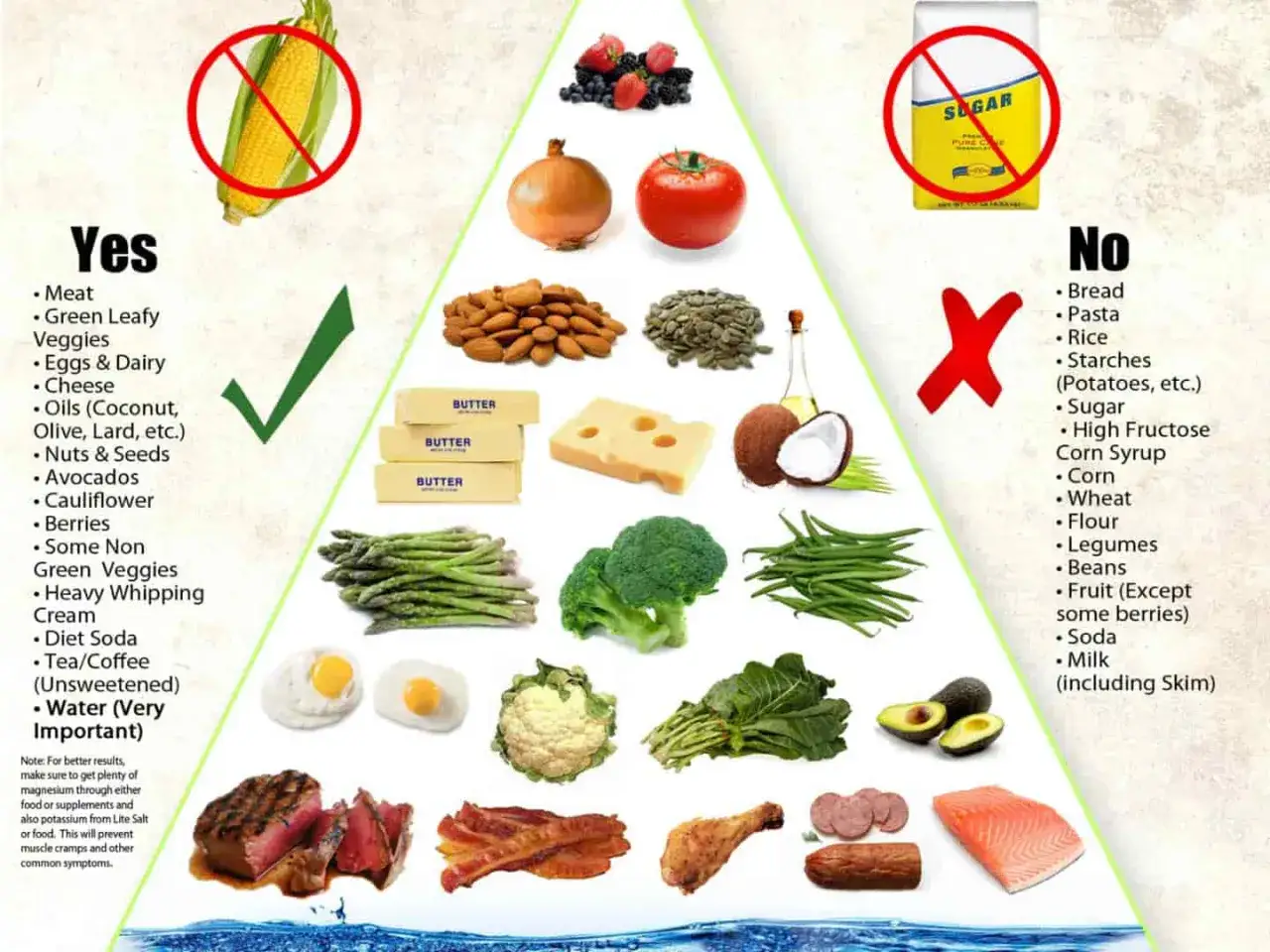 Piramide żywienia dla keto diety: dozwolone mięso, warzywa, tłuszcze, zakazane cukier, zboża.