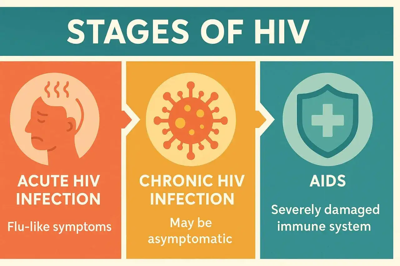 Etapy HIV: ostra infekcja (objawy grypopodobne), przewlekła (bezobjawowa) i AIDS (uszkodzony układ odpornościowy).
