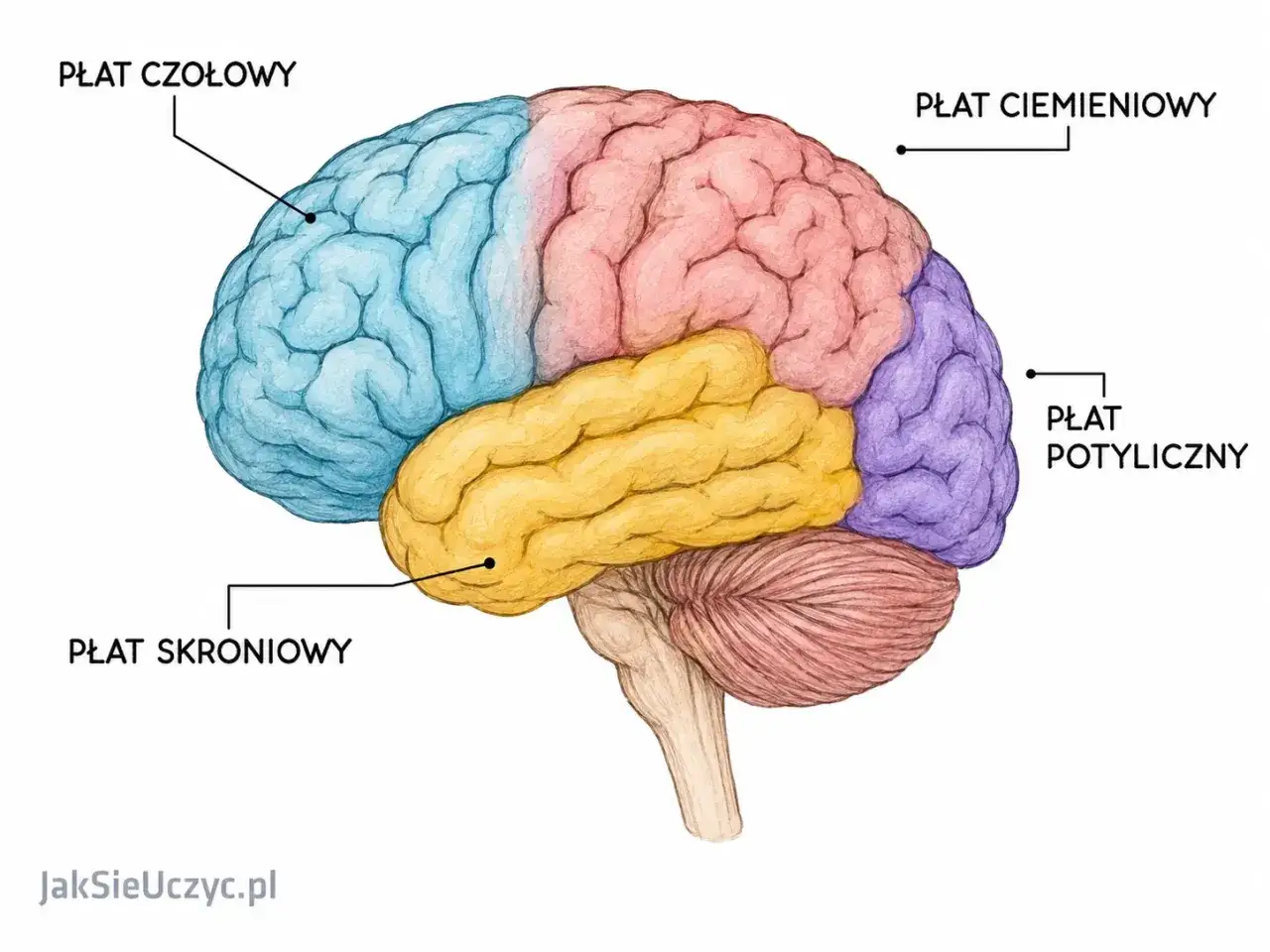 Kolorowy mózg z zaznaczonymi płatami: czołowym (niebieski), ciemieniowym (różowy), skroniowym (żółty) i potylicznym (fioletowy).