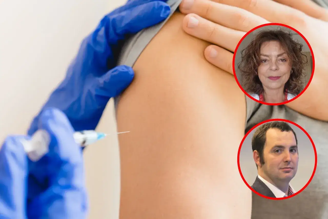 Dyskusja o hpv szczepionka skutki uboczne. Lekarz podaje szczepionkę, a w tle wizerunki osób.