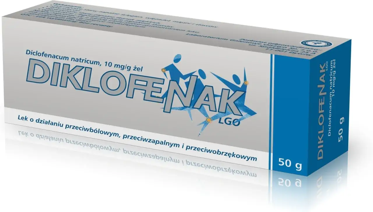 Opakowanie żelu Diklofenak LGO, 10 mg/g, 50 g. Pomaga na bóle mięśni i stawów.