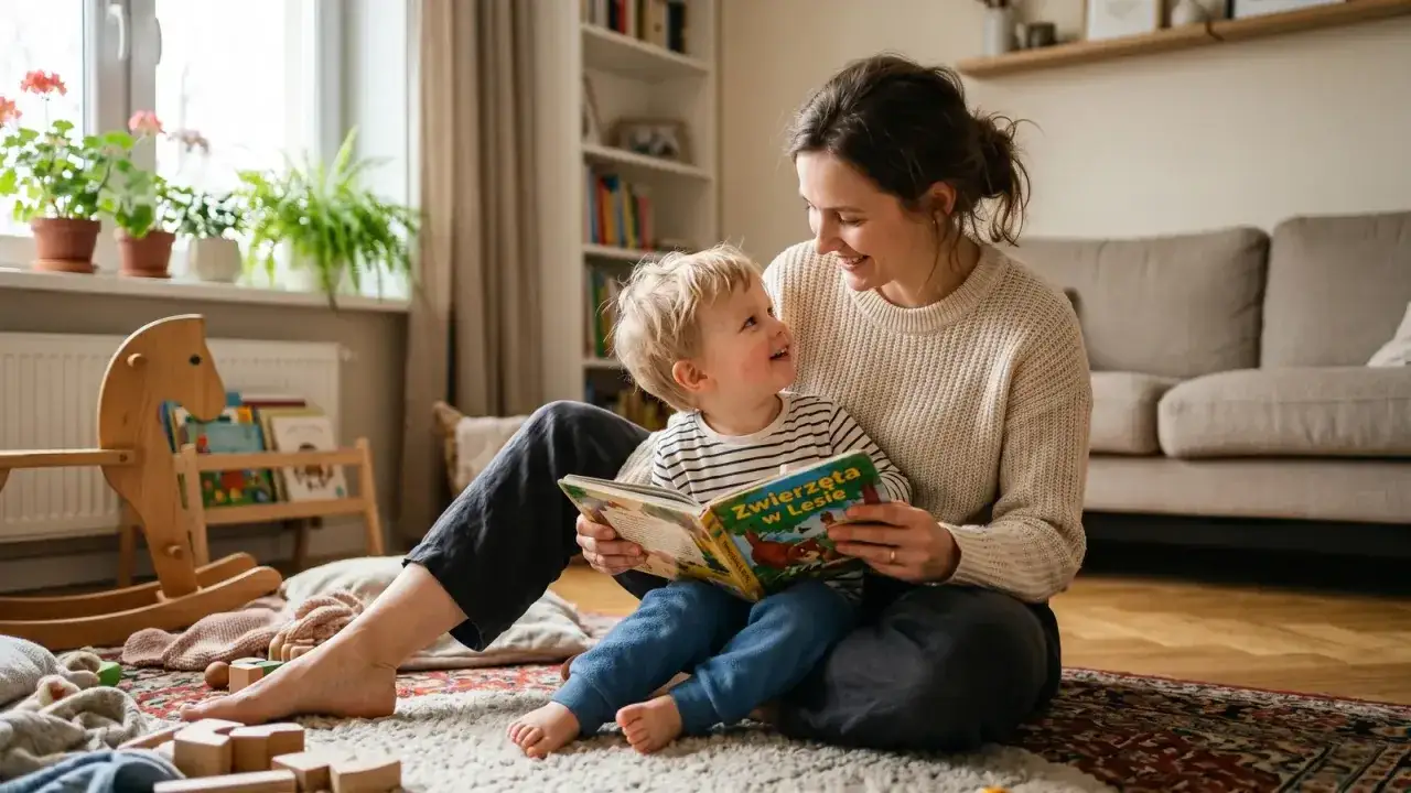 Mama czyta synkowi książkę o zwierzętach. To piękny moment, kiedy dziecko zaczyna mówić i poznawać świat.