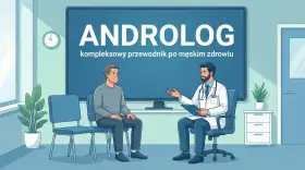 Lekarz androlog rozmawia z pacjentem w gabinecie. Na ekranie widnieje napis "ANDROLOG".
