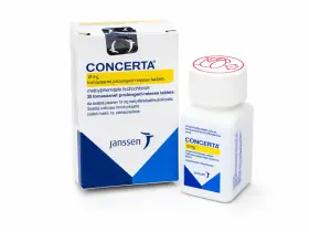 Opakowanie i butelka leku Concerta 18 mg, zawierające tabletki o przedłużonym uwalnianiu z metylofenidatu.