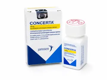 Opakowanie i butelka leku Concerta 18 mg, zawierające tabletki o przedłużonym uwalnianiu z metylofenidatu.