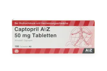Captopril AbZ 50 mg tabletki na nadciśnienie i niewydolność serca. Opakowanie zawiera 100 tabletek.
