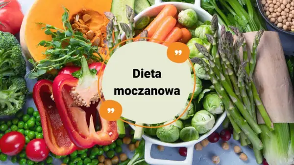 Zdrowe warzywa i napisy "Dieta moczanowa" na okrągłym tle. Brokuły, dynia, papryka, groszek, marchew, szparagi, brukselka.