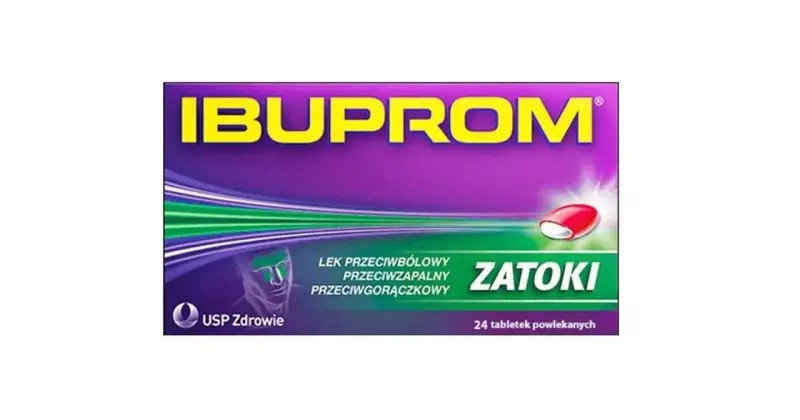Opakowanie leku Ibuprom Zatoki, zawierającego axoprofen, z wizerunkiem głowy i tabletki.