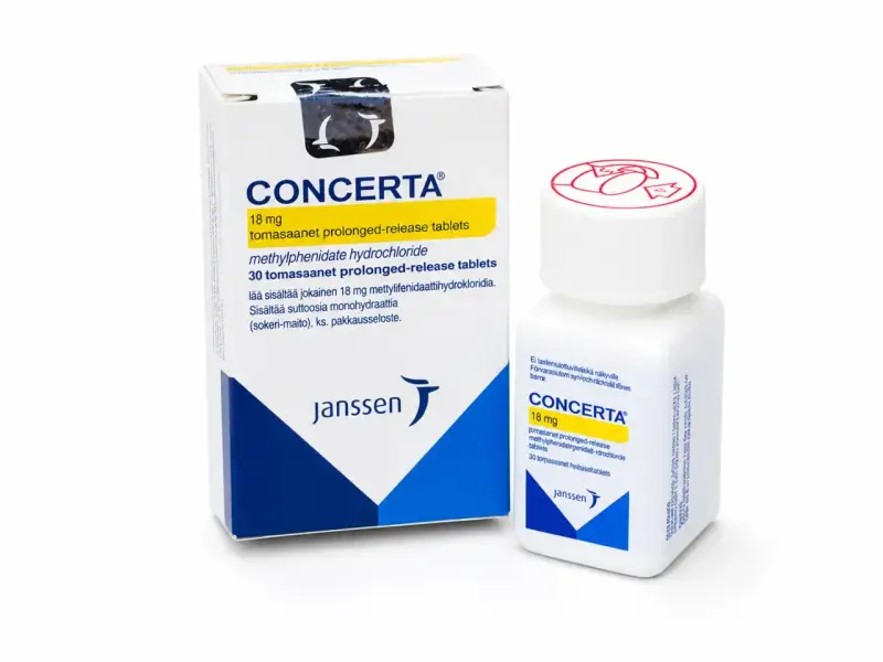 Opakowanie i butelka leku Concerta 18 mg, zawierające tabletki o przedłużonym uwalnianiu z metylofenidatu.