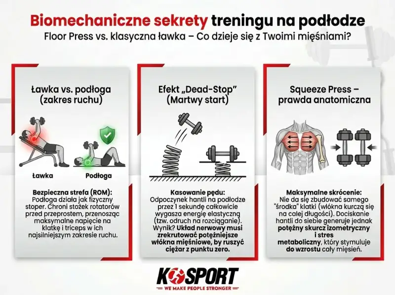 Grafika porównuje ćwiczenia na klatkę piersiową na ławce i na podłodze, pokazując biomechanikę i efekty.