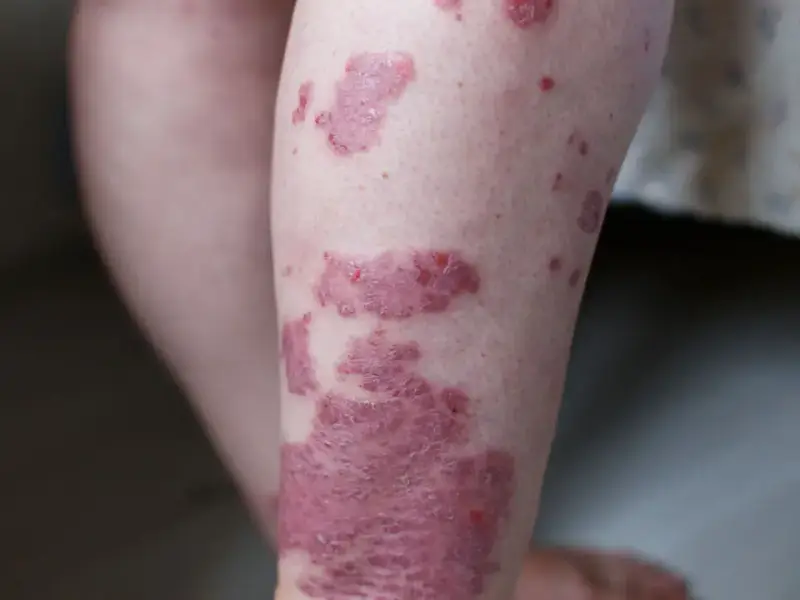Widoczne czerwone plamy na skórze nogi, niektóre łuszczące się, wskazujące na problem dermatologiczny.